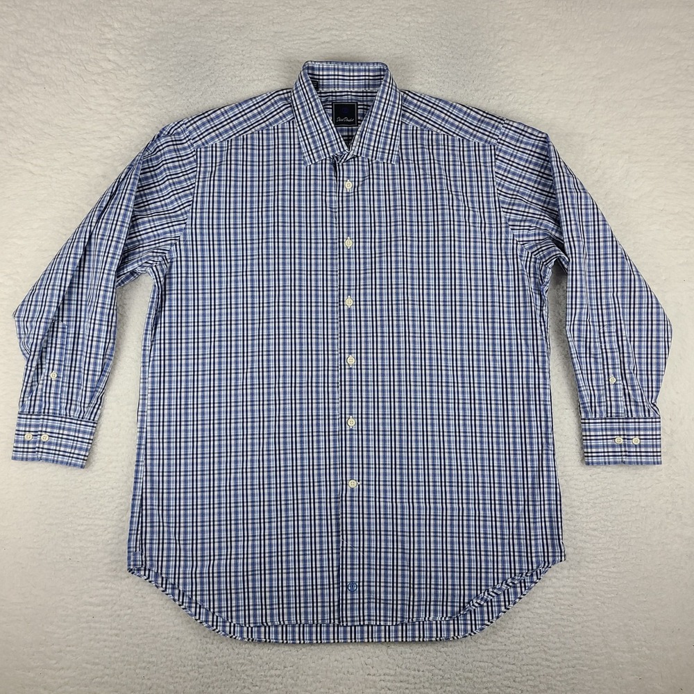 David Donahue Dress Shirt Mens 17‎ 32/37 Blue Plaid 100% Cotton Button Up